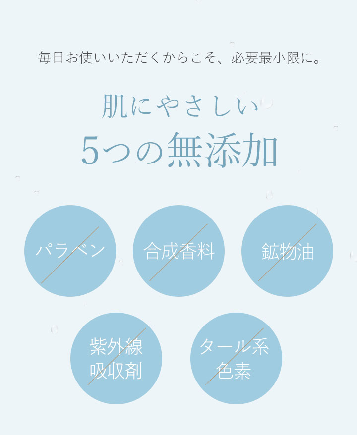 毎日お使いいただくからこそ、必要最小限に。肌にやさしい5つの無添加